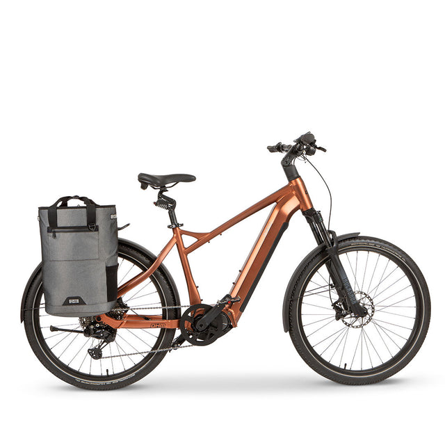 Two Wheel Gear Grey Solo Market Pannier attached to electric bicycle