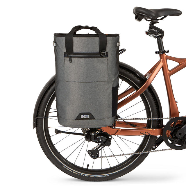 Two Wheel Gear Grey Solo Market Pannier attached to electric bike