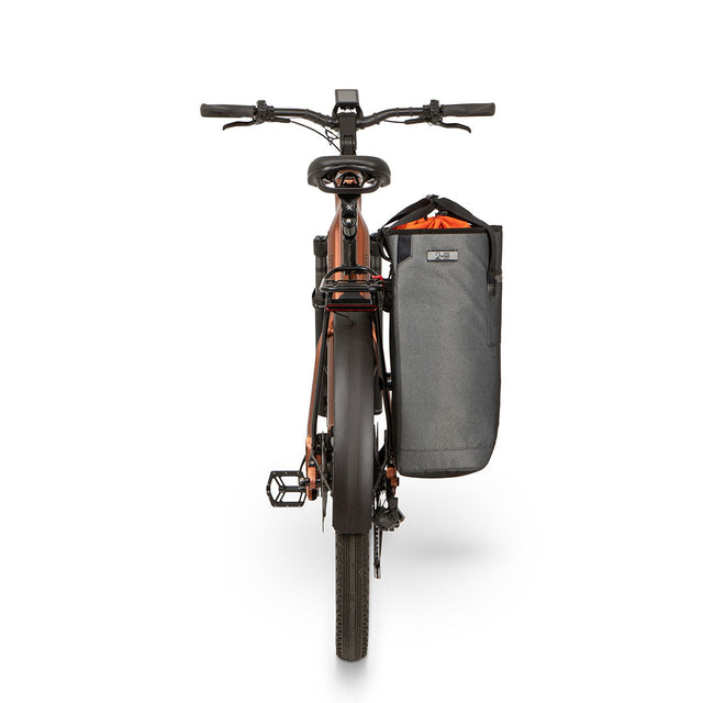 Two Wheel Gear Grey Solo Market Pannier attached to electric bicycle sideview