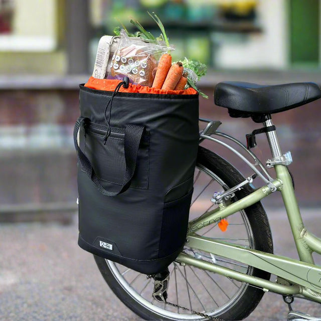 Two Wheel Gear Grey Solo Market Pannier attached to bicycle with groceries in bag
